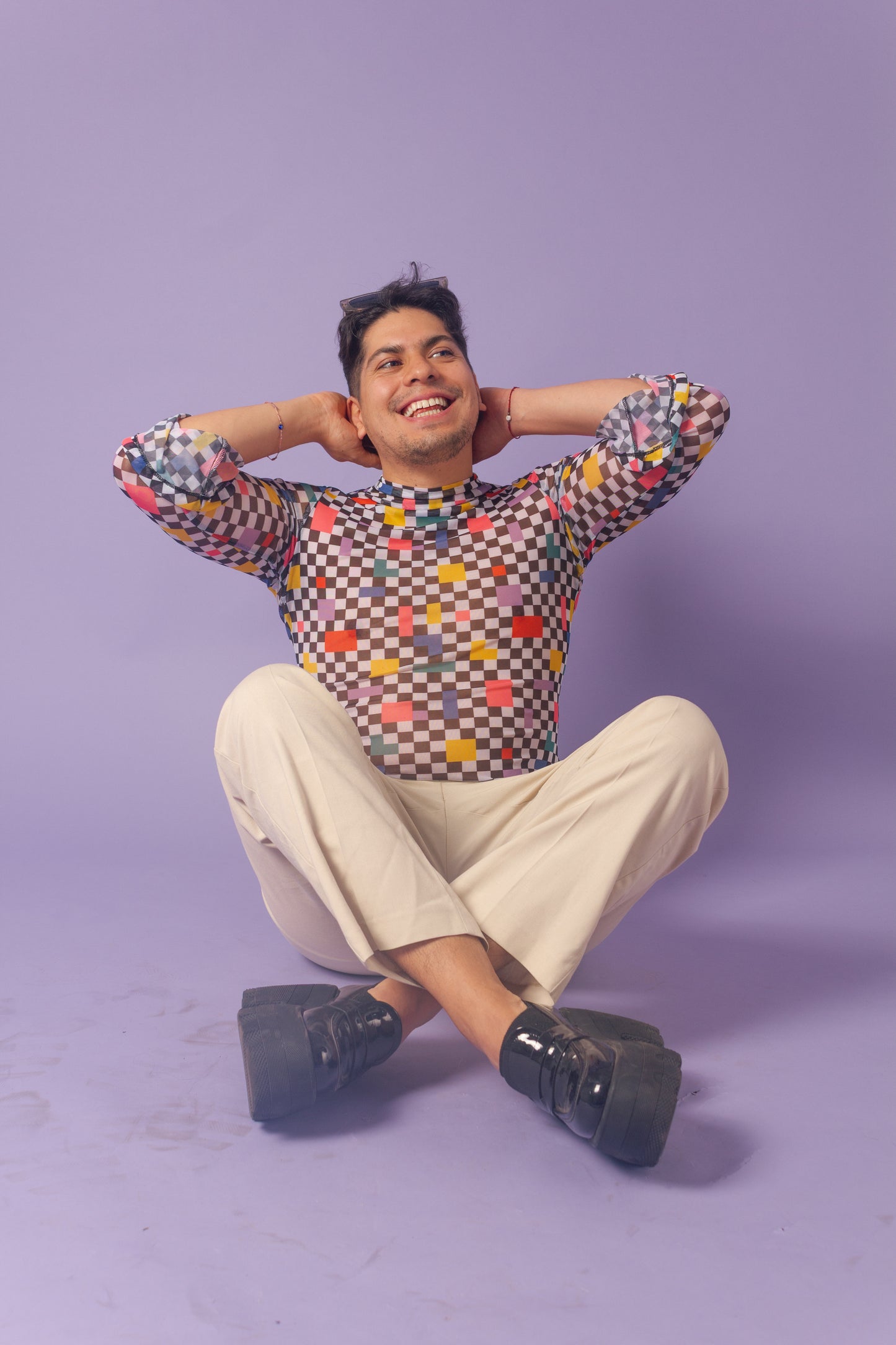 Blusa mesh manga campana cuadros