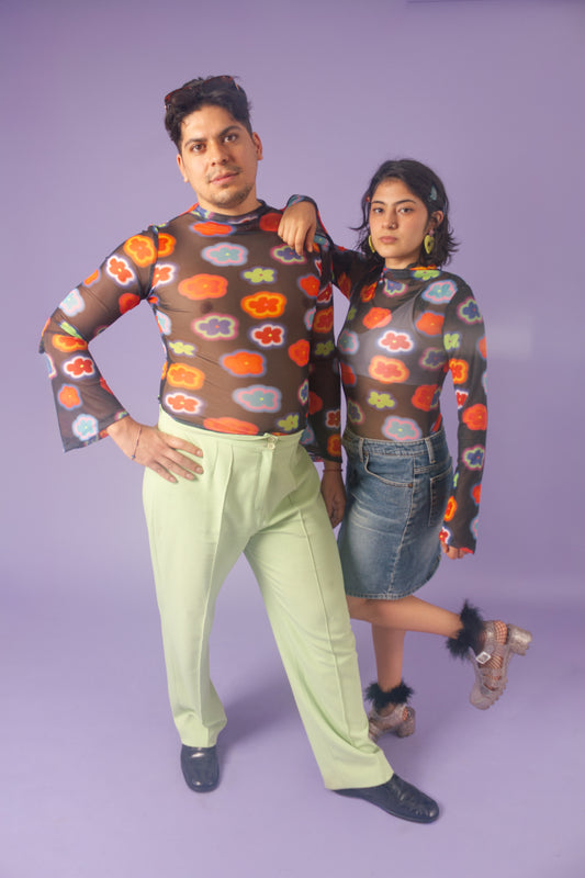 Blusa mesh manga campana flores colores