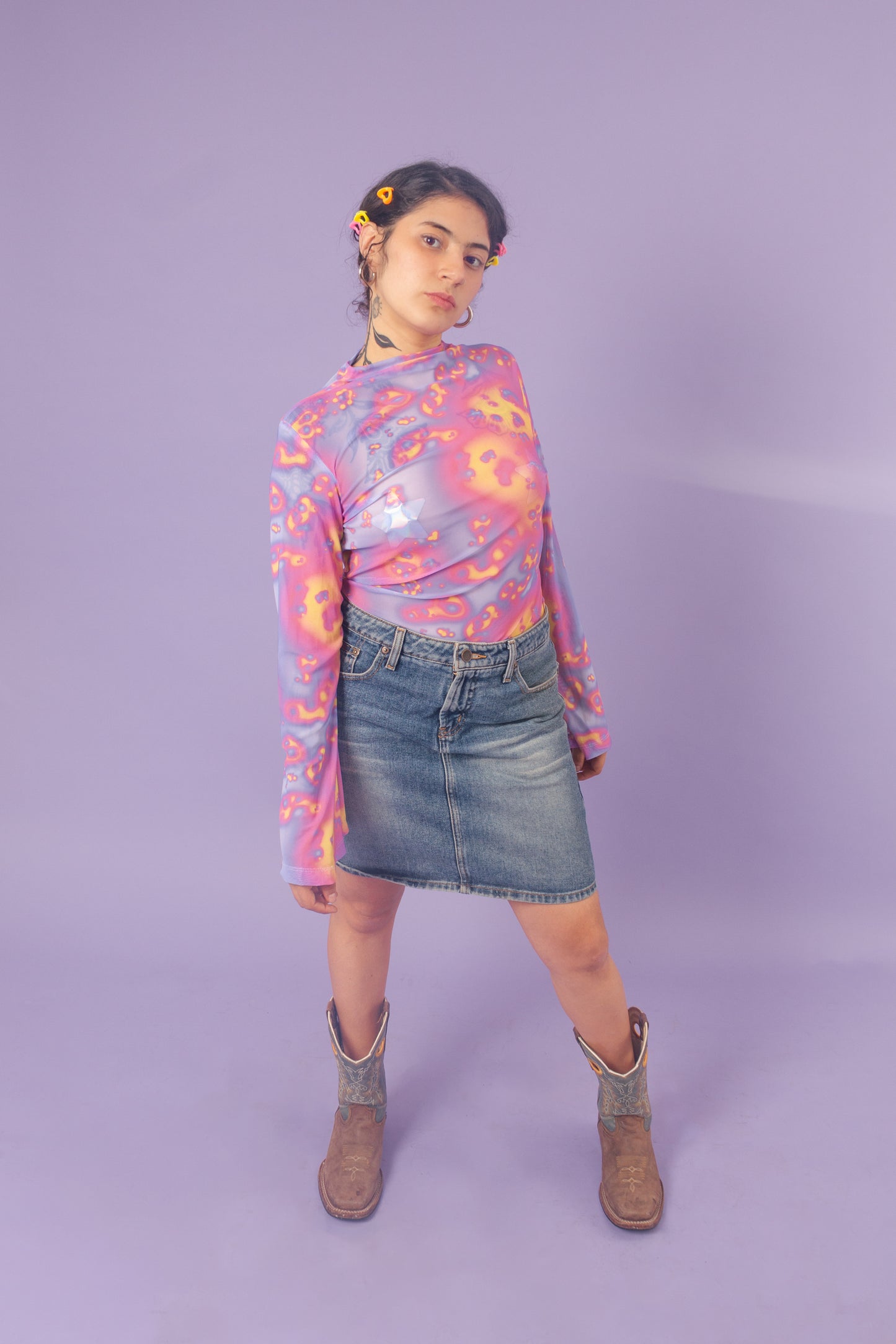 Blusa mesh manga campana galaxia lila