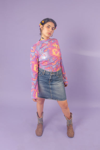 Blusa mesh manga campana galaxia lila