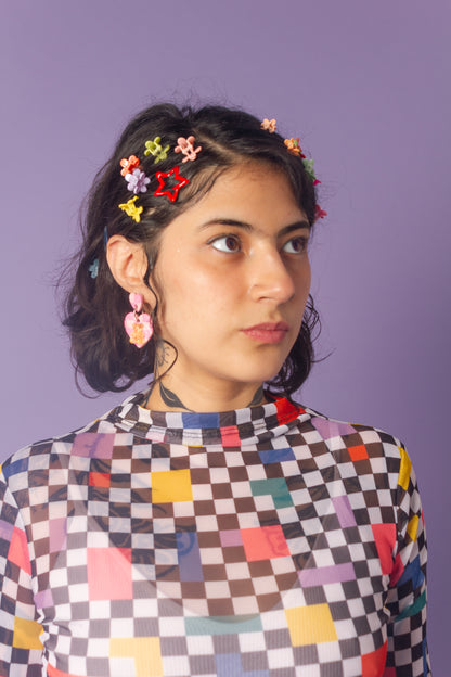 Blusa mesh manga campana cuadros