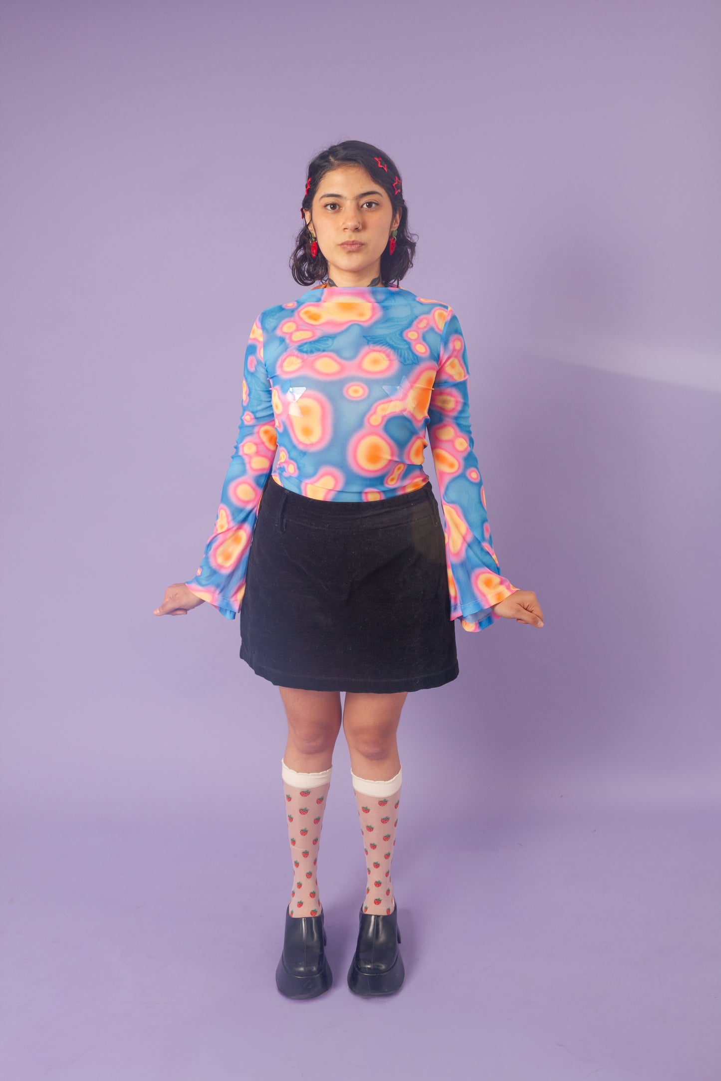 Blusa mesh manga campana lava azul