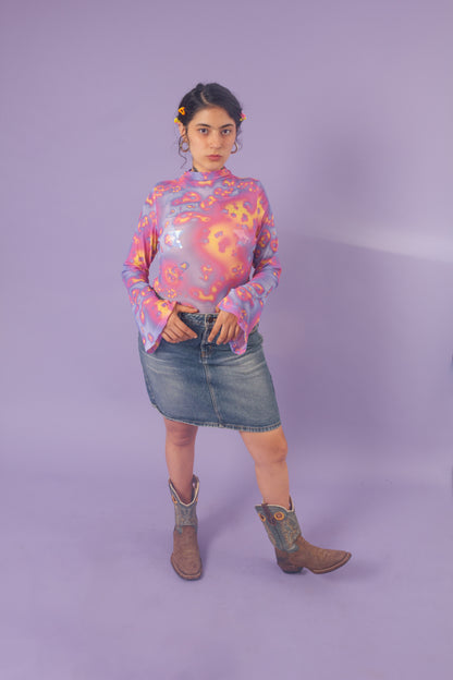 Blusa mesh manga campana galaxia lila