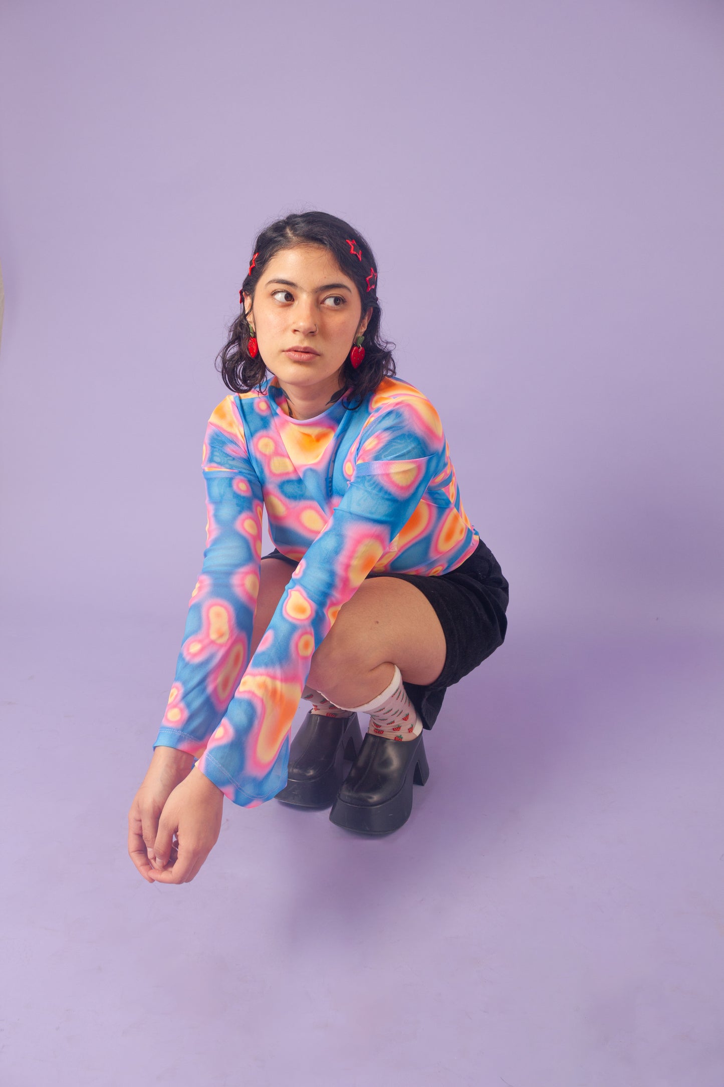 Blusa mesh manga campana lava azul