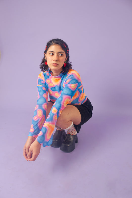 Blusa mesh manga campana lava azul