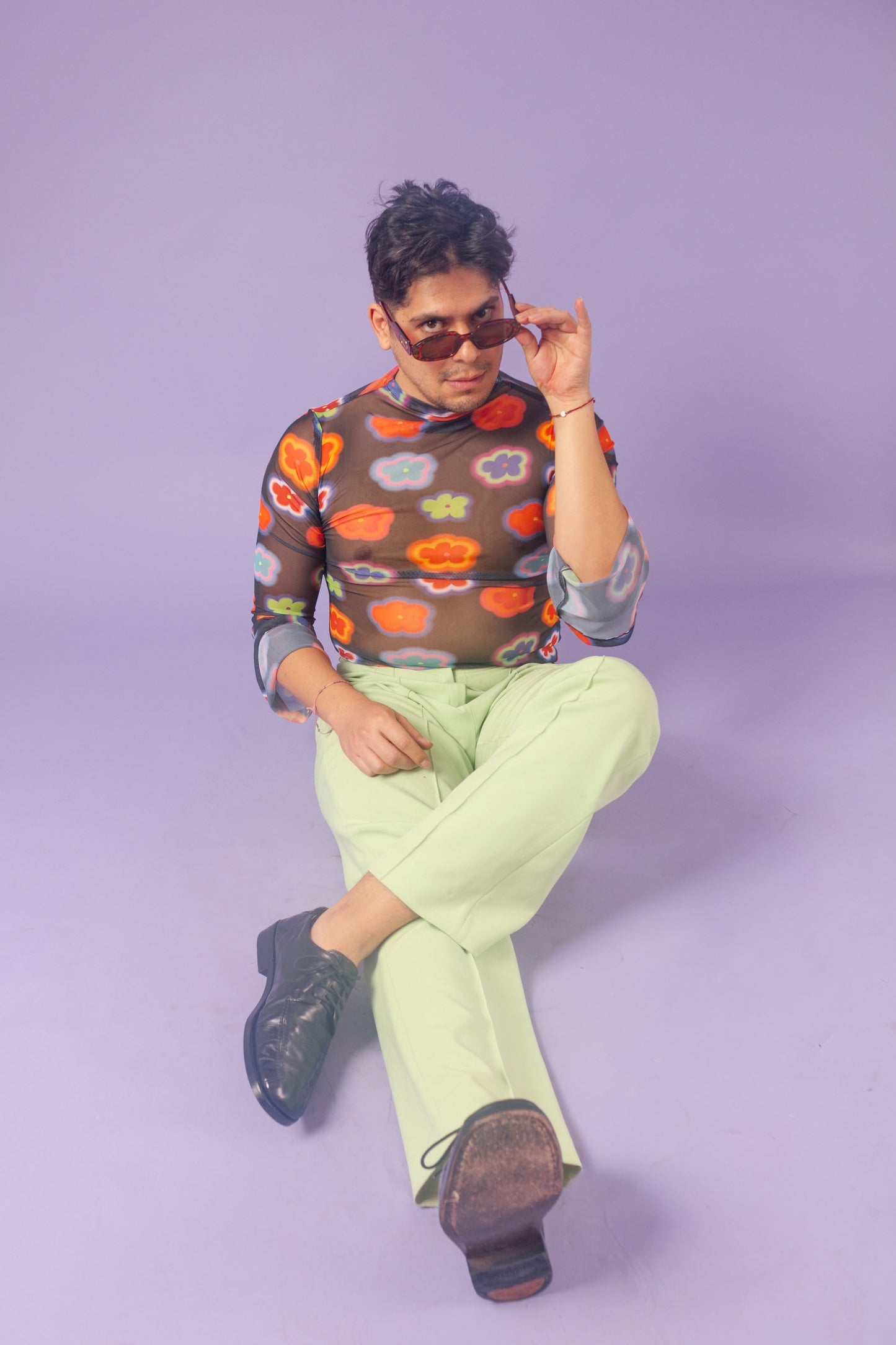 Blusa mesh manga campana flores colores