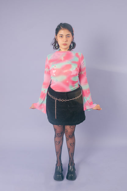 Blusa mesh manga campana galaxia aqua