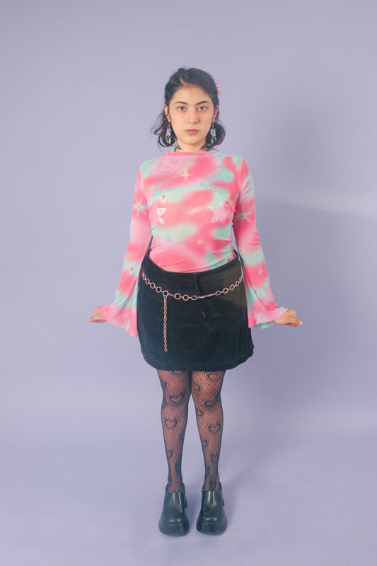 Blusa mesh manga campana galaxia aqua