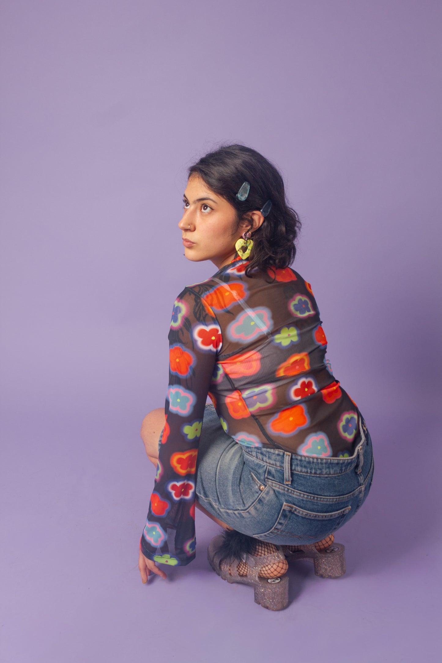 Blusa mesh manga campana flores colores