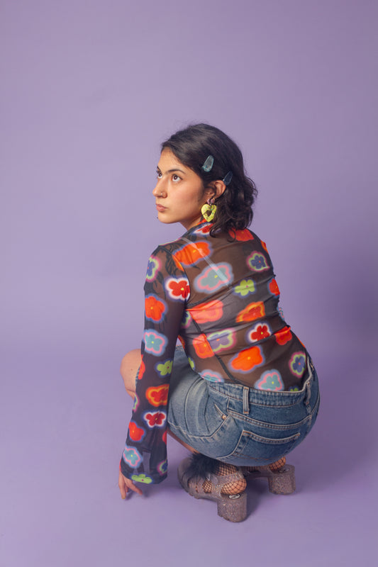 Blusa mesh manga campana flores colores