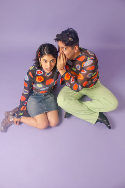 Blusa mesh manga campana flores colores