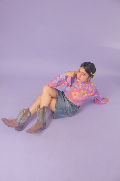 Blusa mesh manga campana galaxia lila