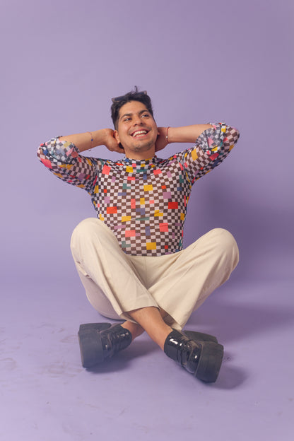 Blusa mesh manga campana cuadros