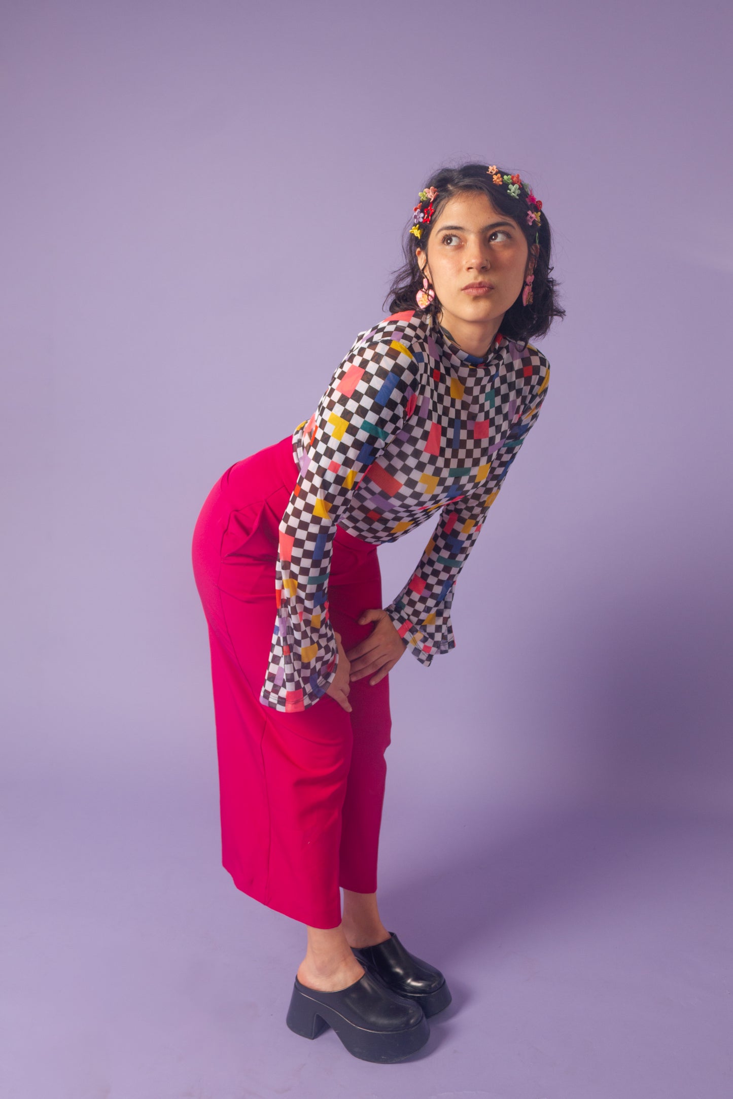 Blusa mesh manga campana cuadros