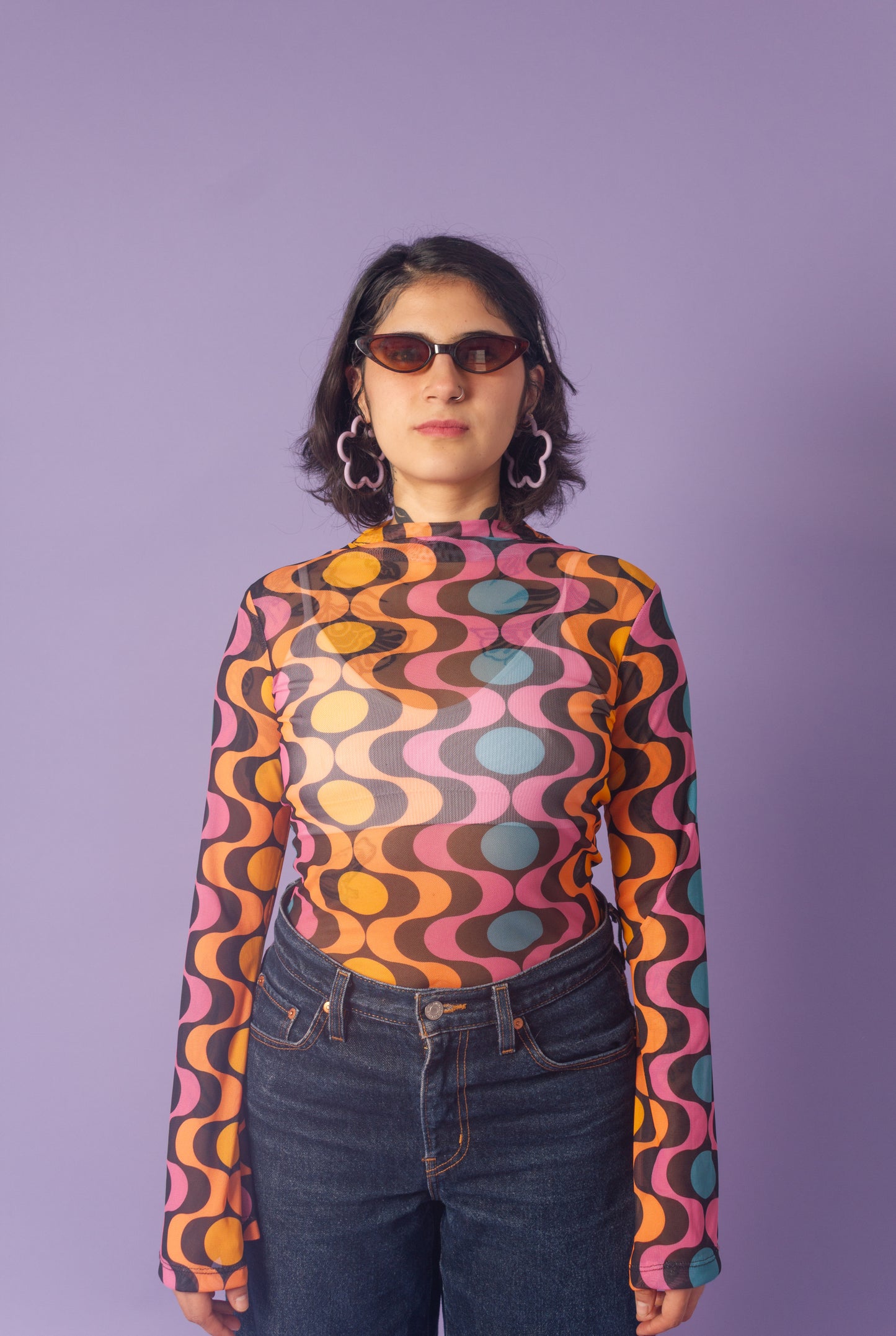 Blusa mesh manga campana geométrico